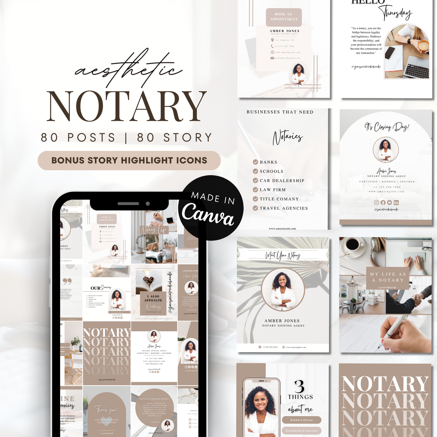 Notary Luxury Social Media Instagram Kit, New IG Size Posts, Stories & Highlight Icons - Beige Aesthetic