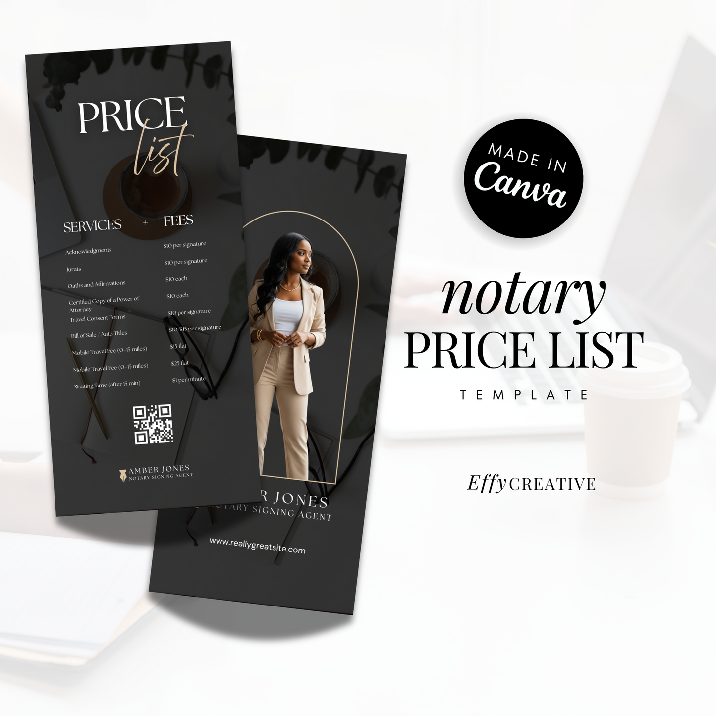 Notary Price List Rack Card Template Canva | Modern Editable Service Menu for Notaries, Lash Techs, Business Pros