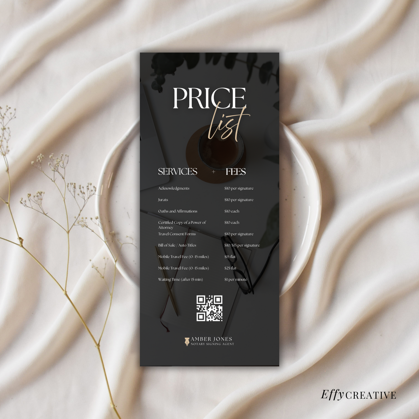Notary Price List Rack Card Template Canva | Modern Editable Service Menu for Notaries, Lash Techs, Business Pros