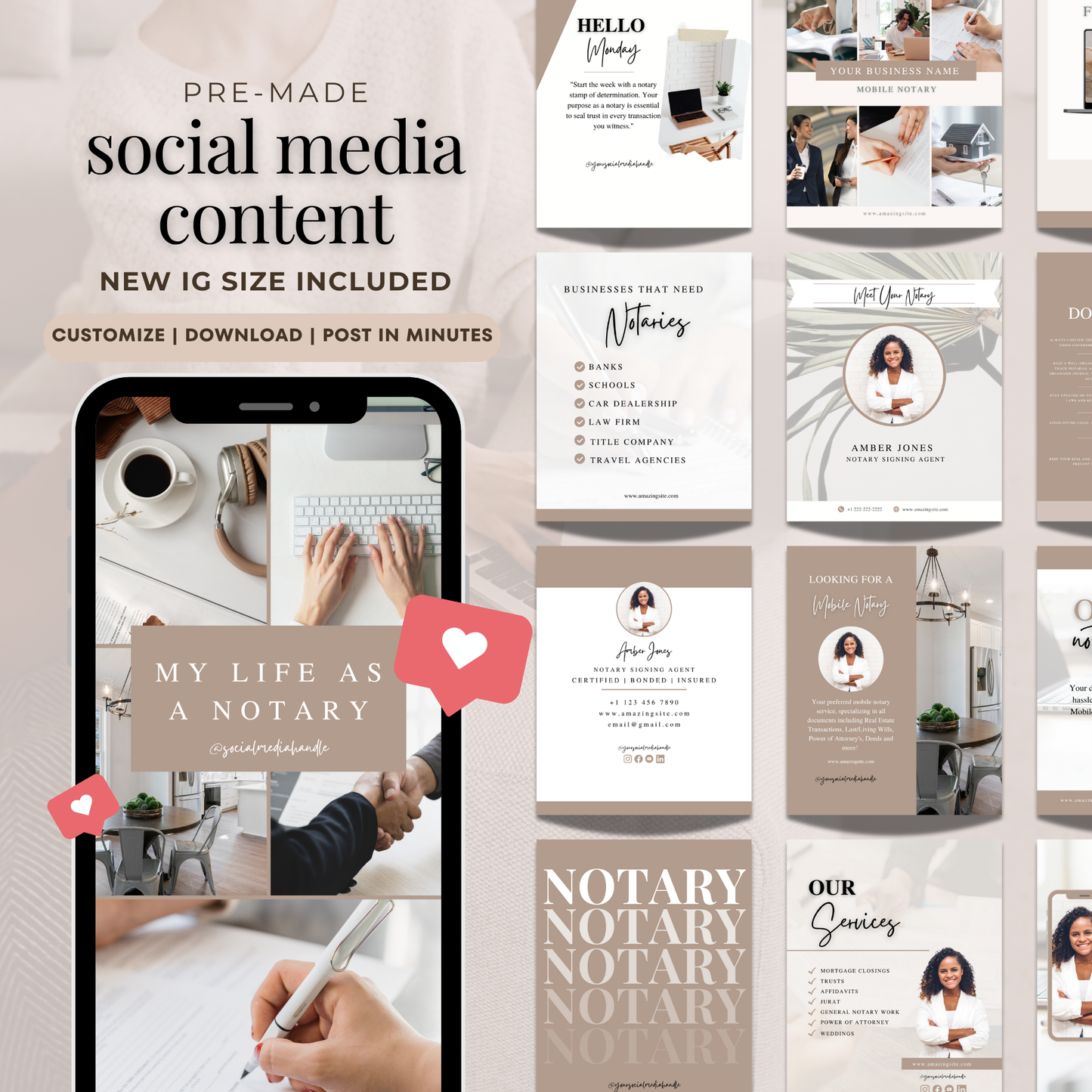 Notary Luxury Social Media Instagram Kit, New IG Size Posts, Stories & Highlight Icons - Beige Aesthetic
