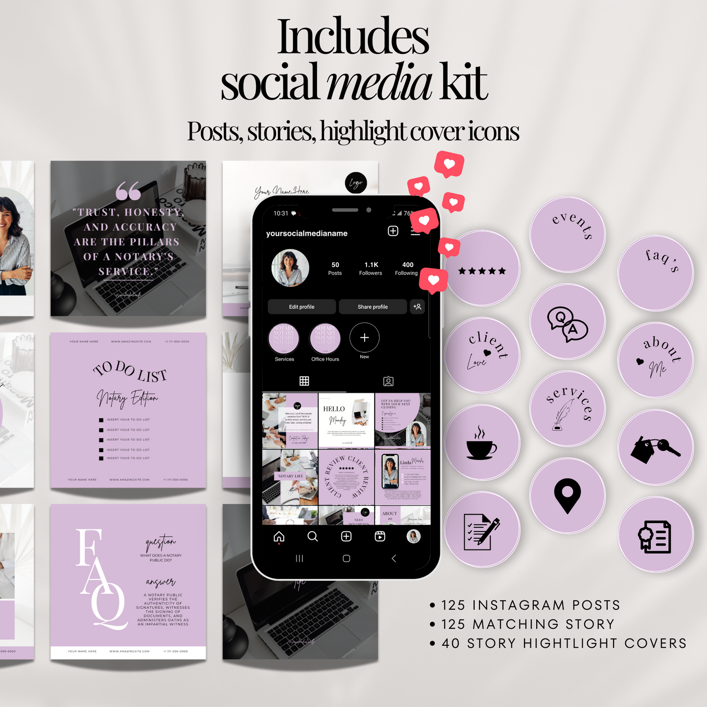 Ultimate Notary Branding Kit – Lilac Aesthetic Templates for Social Media + Marketing