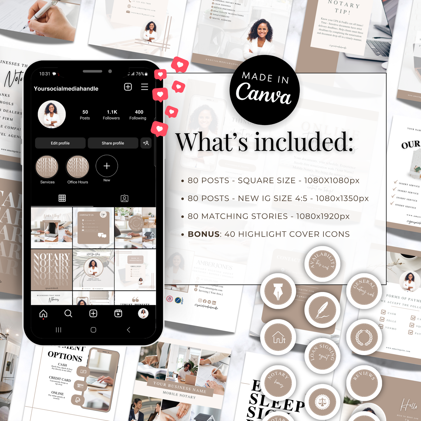 Notary Luxury Social Media Instagram Kit, New IG Size Posts, Stories & Highlight Icons - Beige Aesthetic