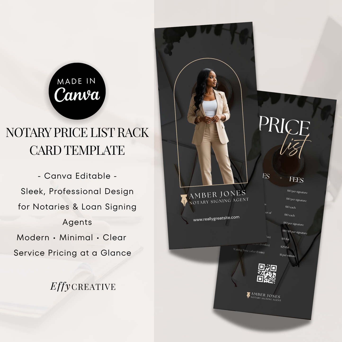 Notary Price List Rack Card Template Canva | Modern Editable Service Menu for Notaries, Lash Techs, Business Pros