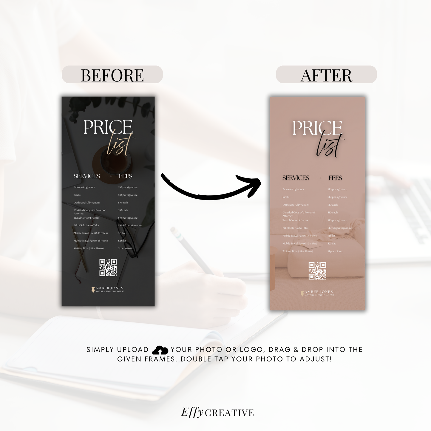 Notary Price List Rack Card Template Canva | Modern Editable Service Menu for Notaries, Lash Techs, Business Pros