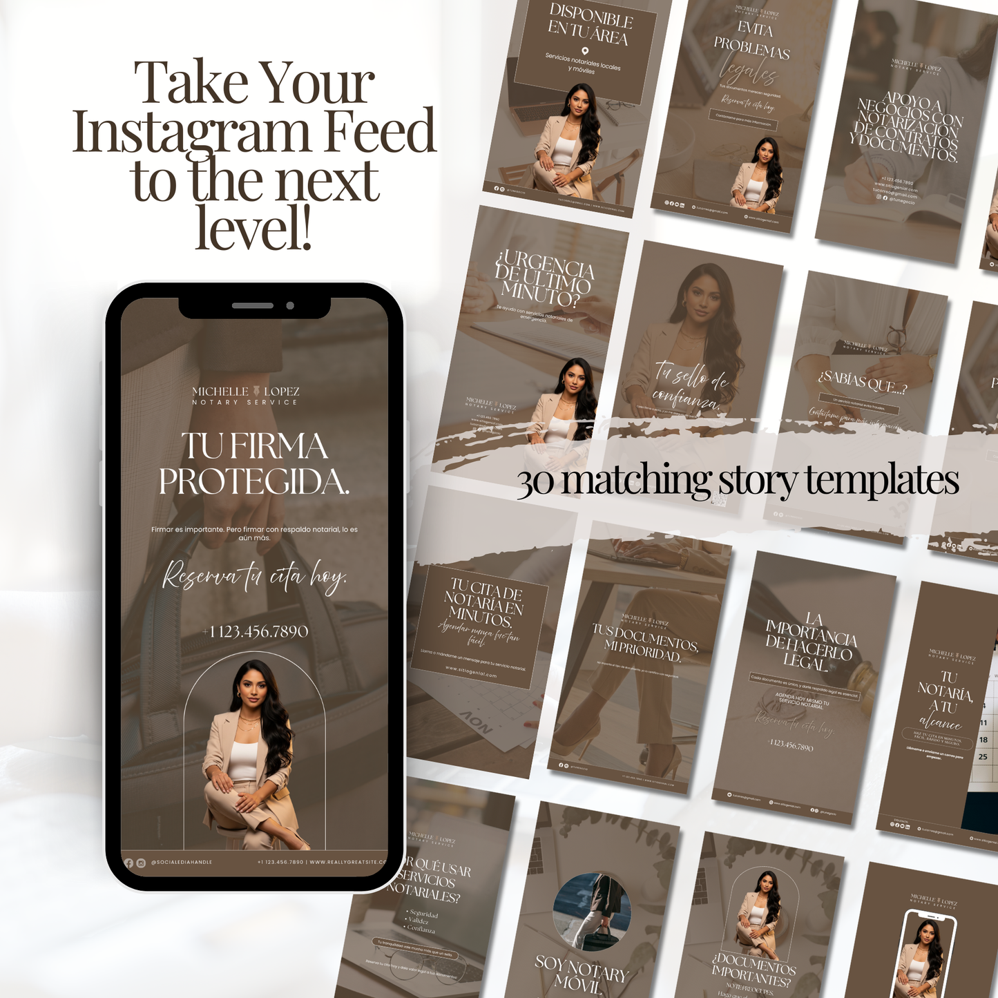 Editable Spanish Notary social media posts and stories for notaries created in Canva for Facebook and Instagram marketing templates