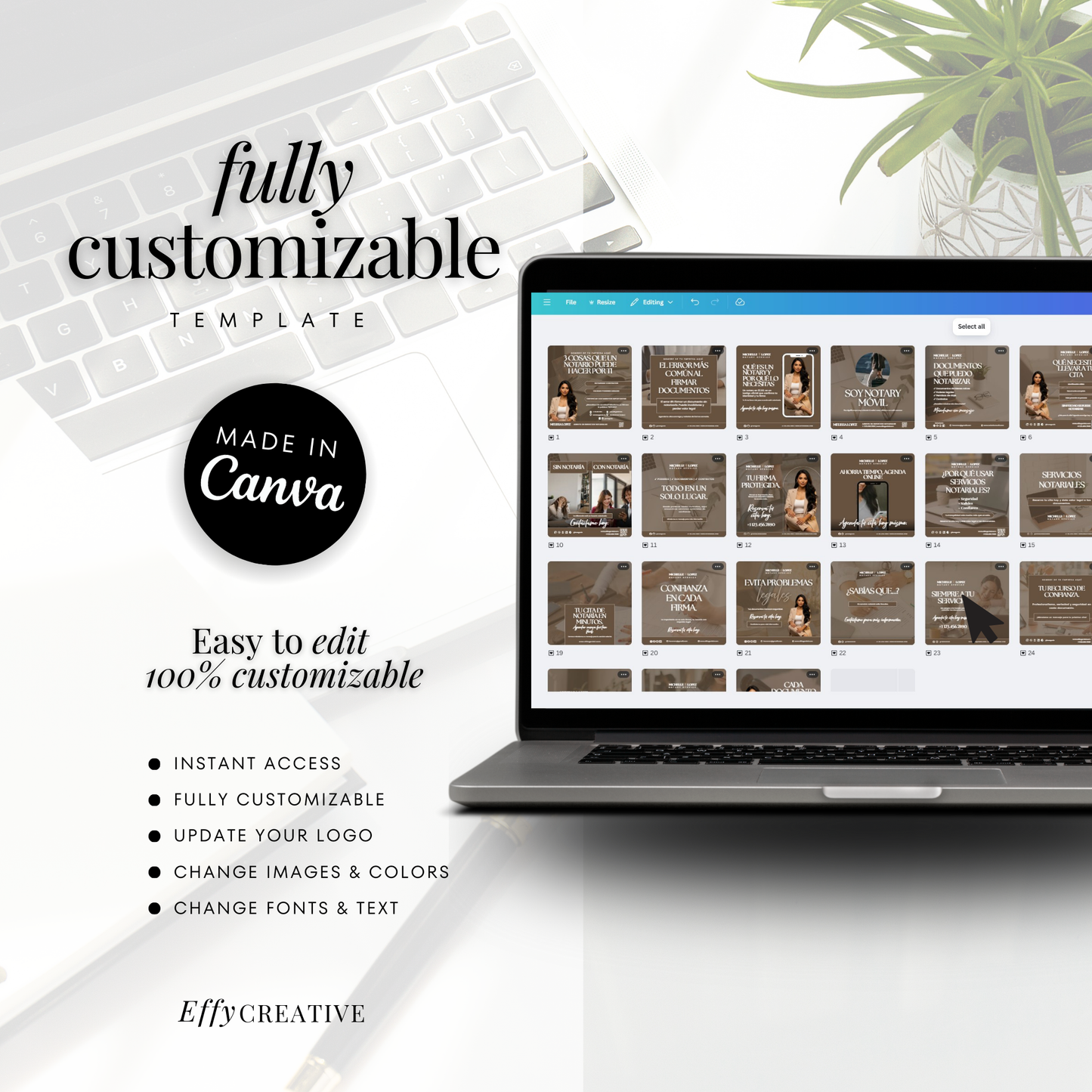 Editable Spanish Notary social media posts and stories for notaries created in Canva for Facebook and Instagram marketing templates
