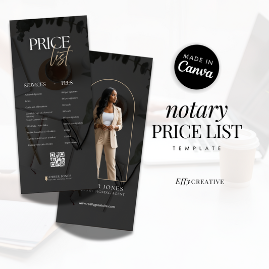 Notary Price List Rack Card Template Canva | Modern Editable Service Menu for Notaries, Lash Techs, Business Pros