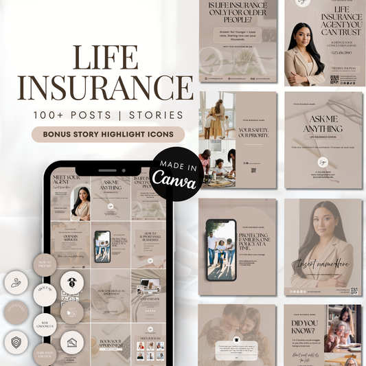 Life Insurance Social Media Kit Canva Templates | Instagram Posts New IG Size, Stories, Highlight Icons | Insurance Marketing