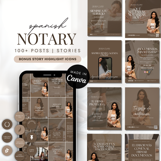 Editable Spanish Notary social media posts and stories for notaries created in Canva for Facebook and Instagram marketing templates