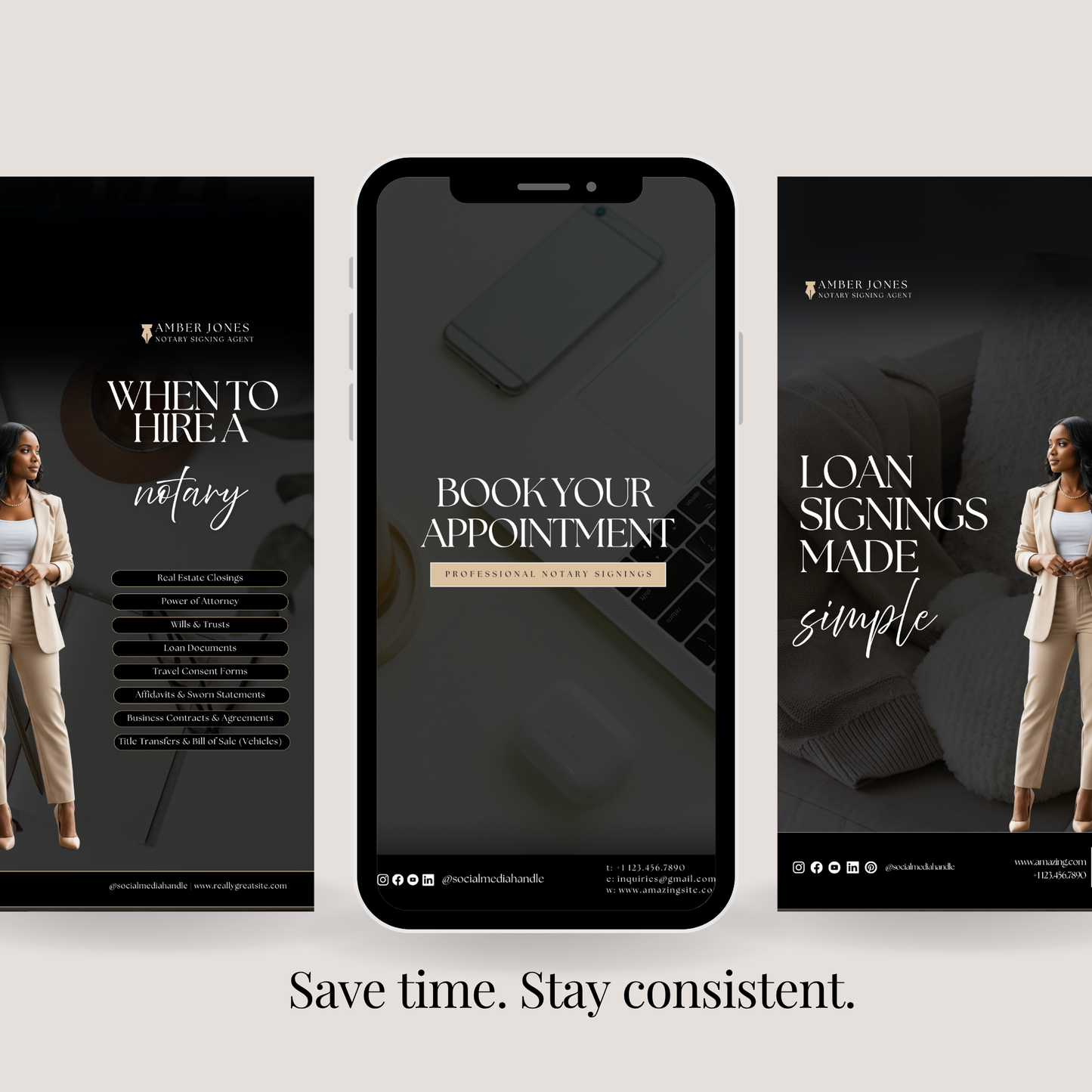 Notary Luxury Social Media Instagram Kit, New IG Size Posts, Stories & Highlight Icons - Black