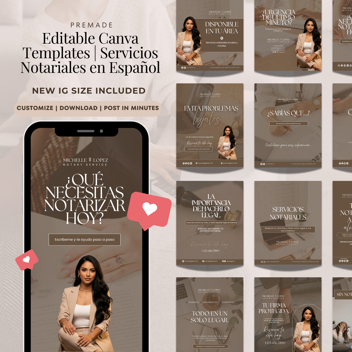 Editable Spanish Notary social media posts and stories for notaries created in Canva for Facebook and Instagram marketing templates