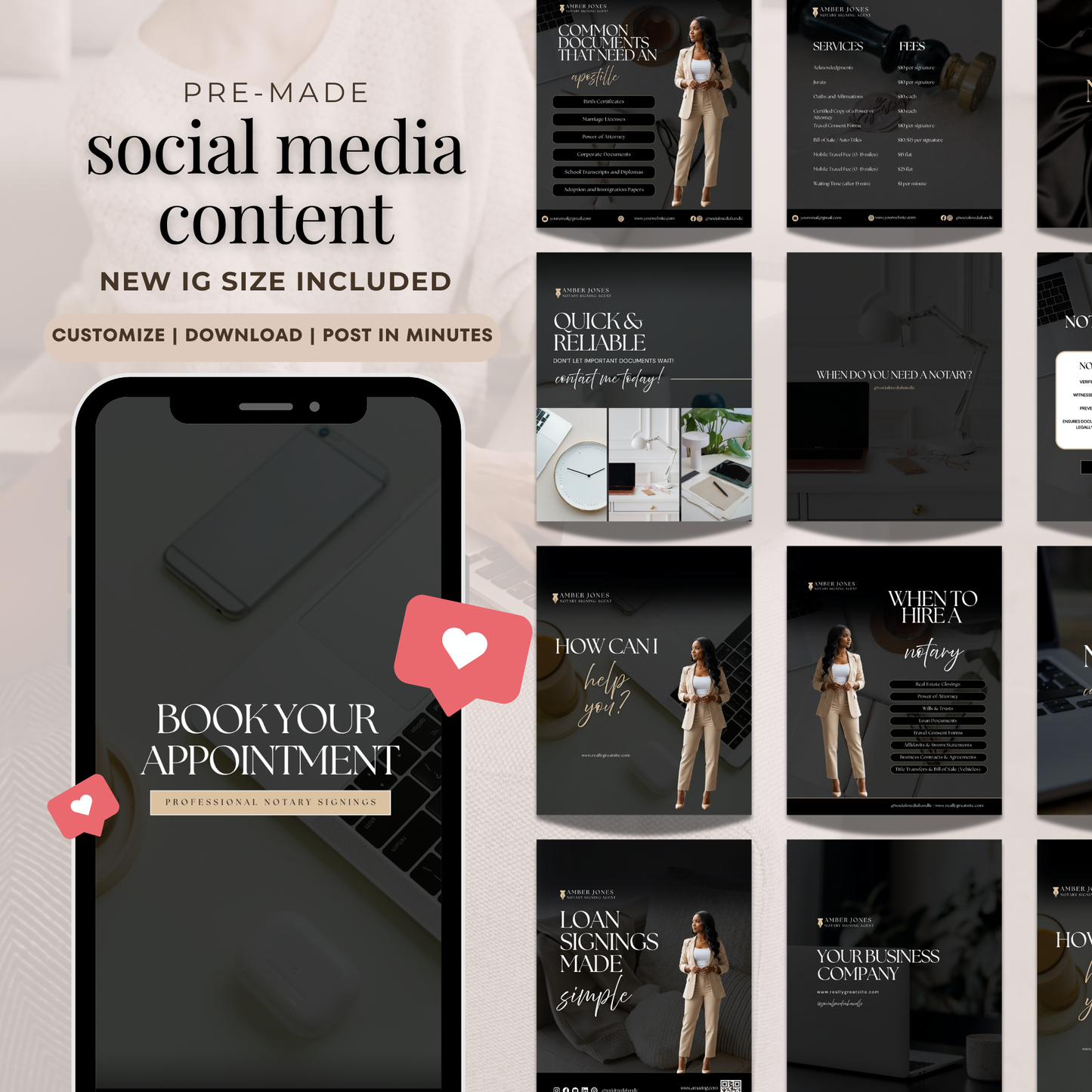 Notary Luxury Social Media Instagram Kit, New IG Size Posts, Stories & Highlight Icons - Black