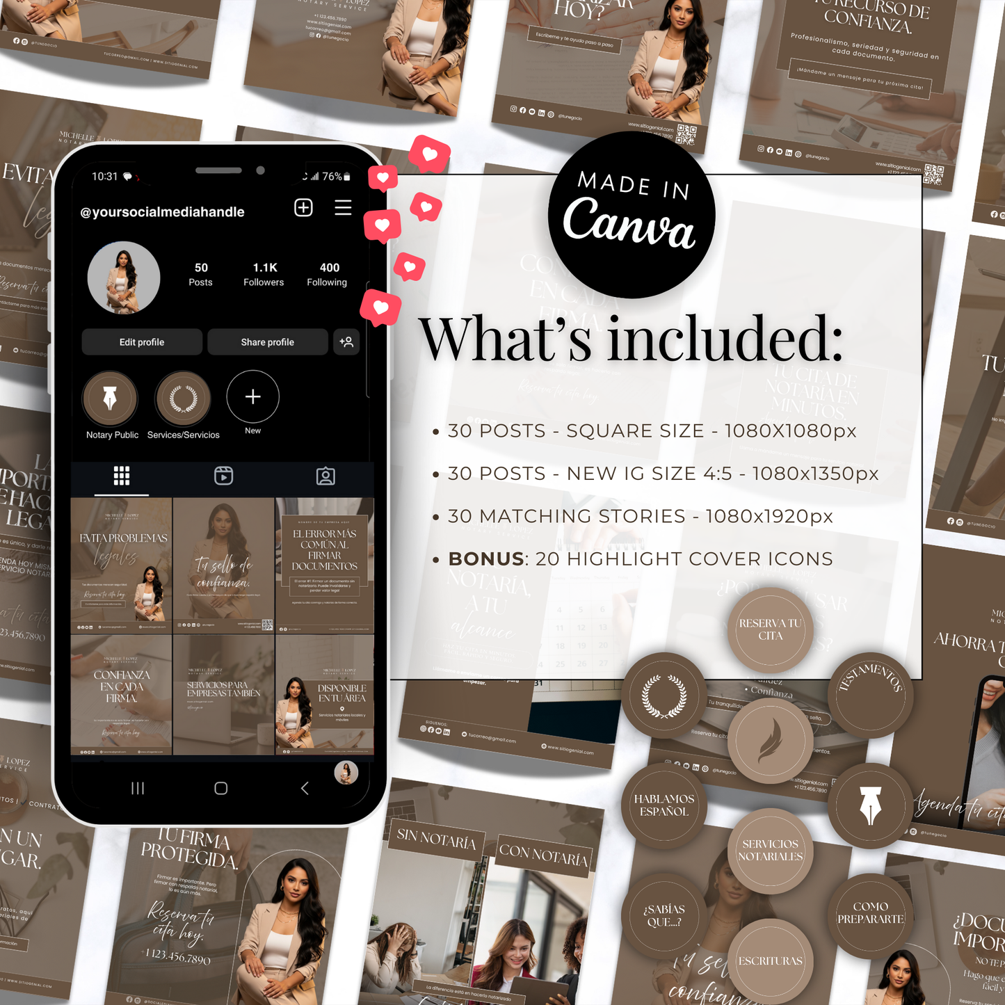 Editable Spanish Notary social media posts and stories for notaries created in Canva for Facebook and Instagram marketing templates
