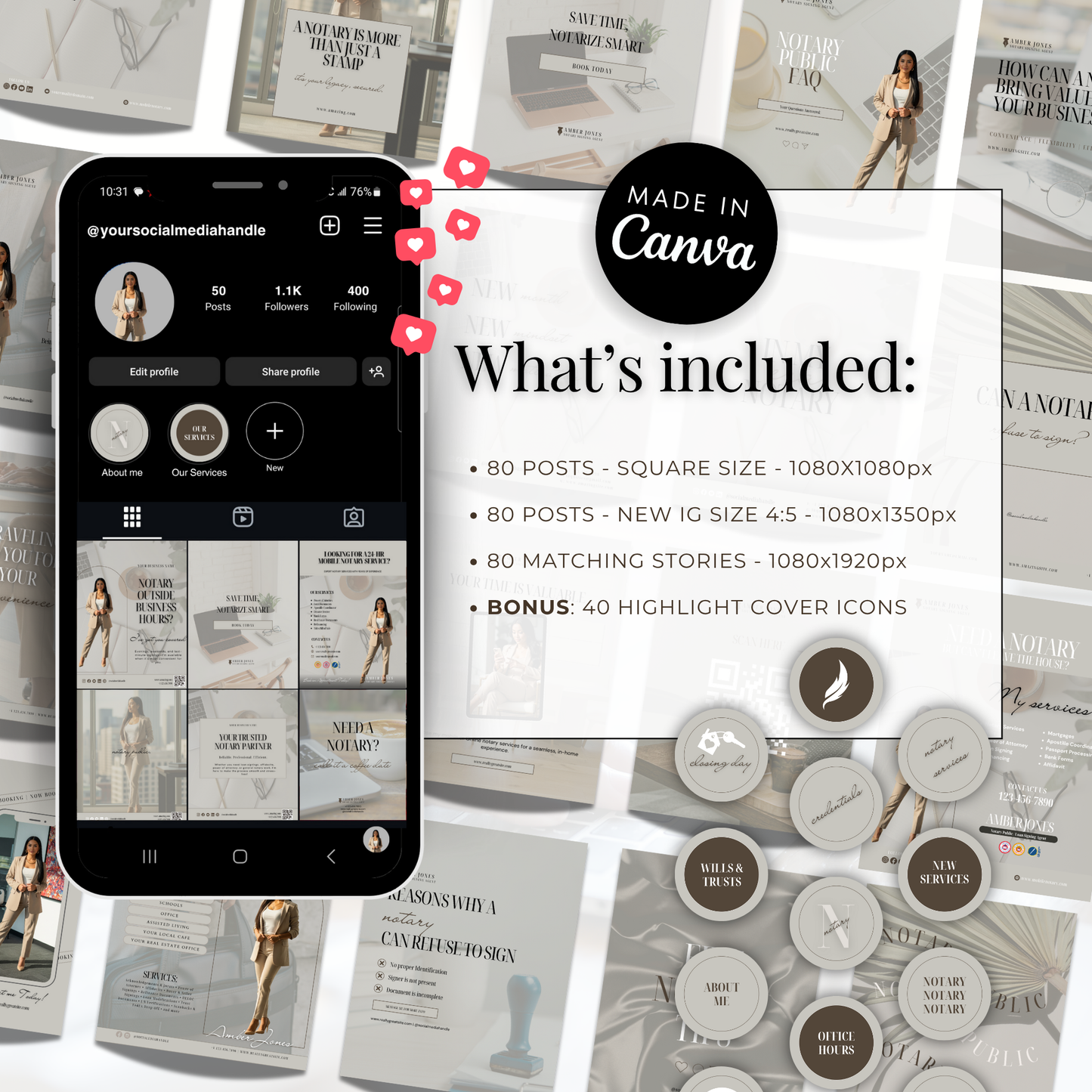 Notary Luxury Social Media Instagram Kit, New IG Size Posts, Stories & Highlight Icons - Gray