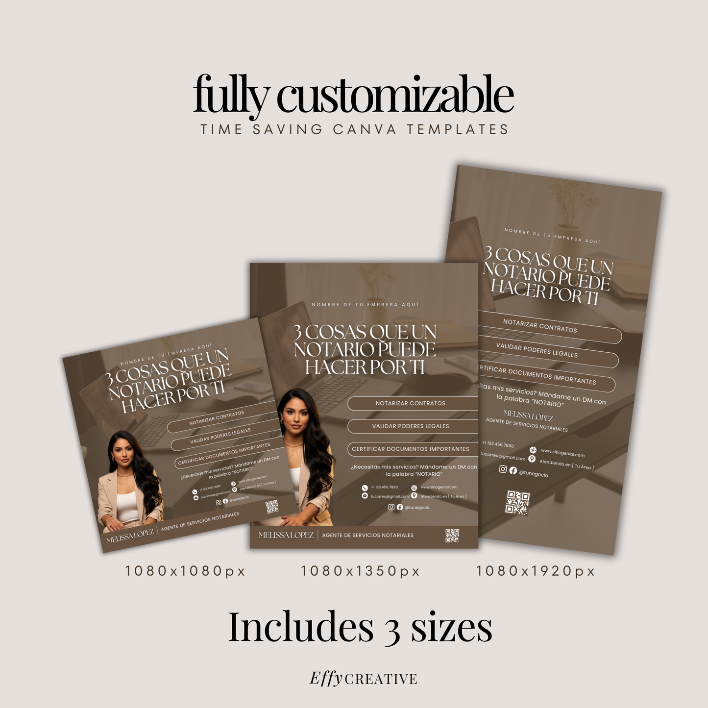 Editable Spanish Notary social media posts and stories for notaries created in Canva for Facebook and Instagram marketing templates