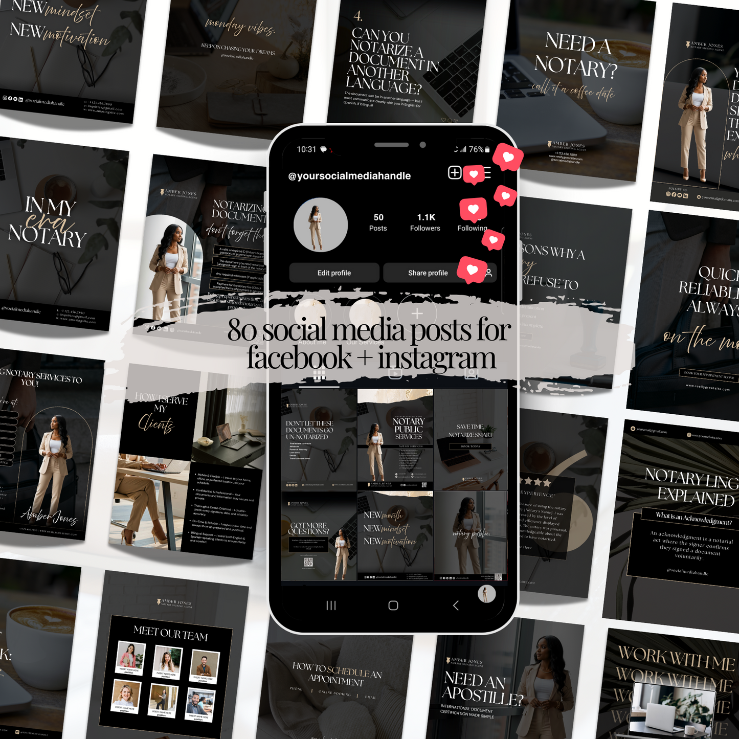 Notary Luxury Social Media Instagram Kit, New IG Size Posts, Stories & Highlight Icons - Black