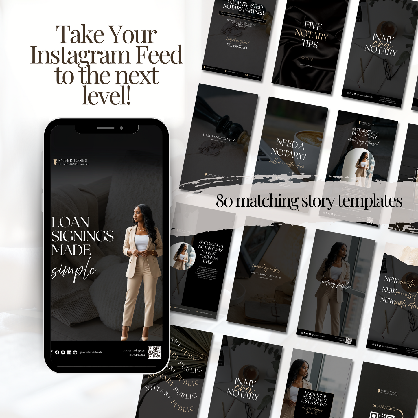 Notary Luxury Social Media Instagram Kit, New IG Size Posts, Stories & Highlight Icons - Black