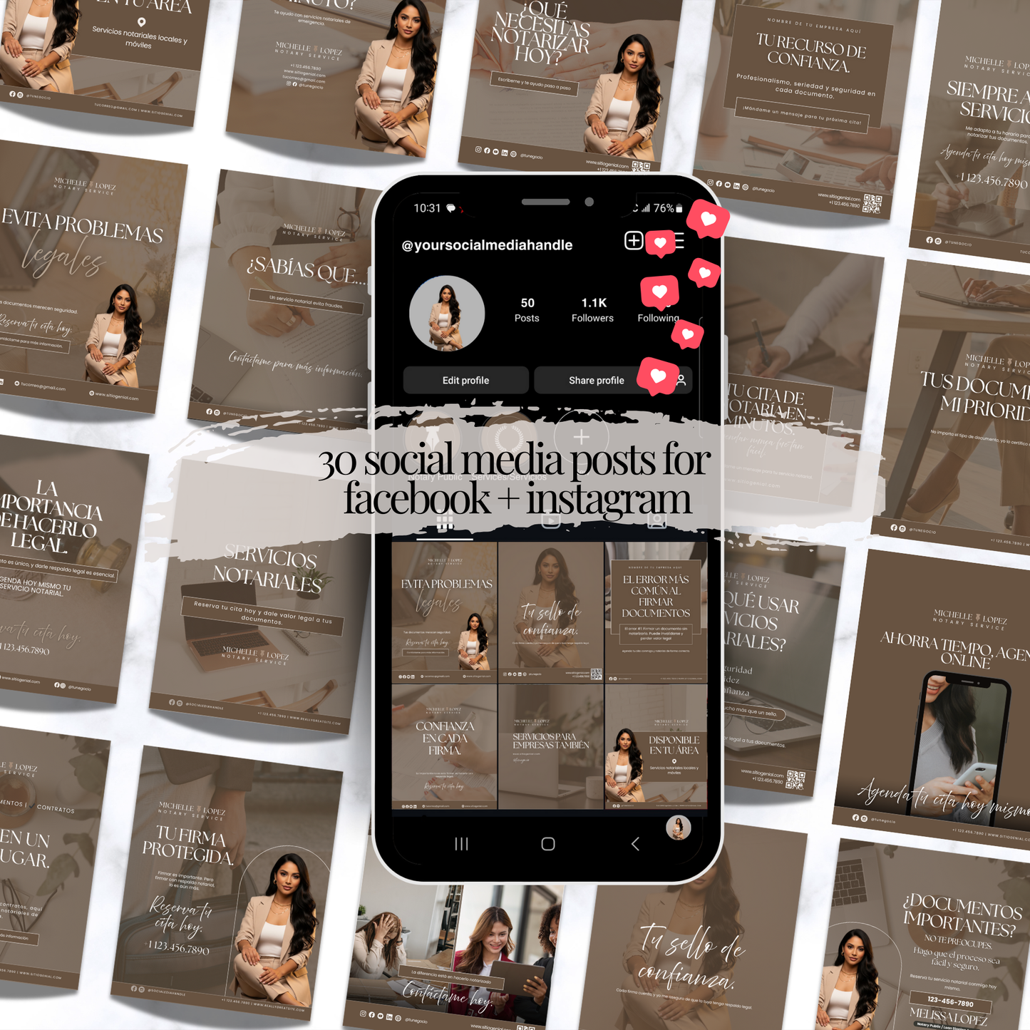 Editable Spanish Notary social media posts and stories for notaries created in Canva for Facebook and Instagram marketing templates