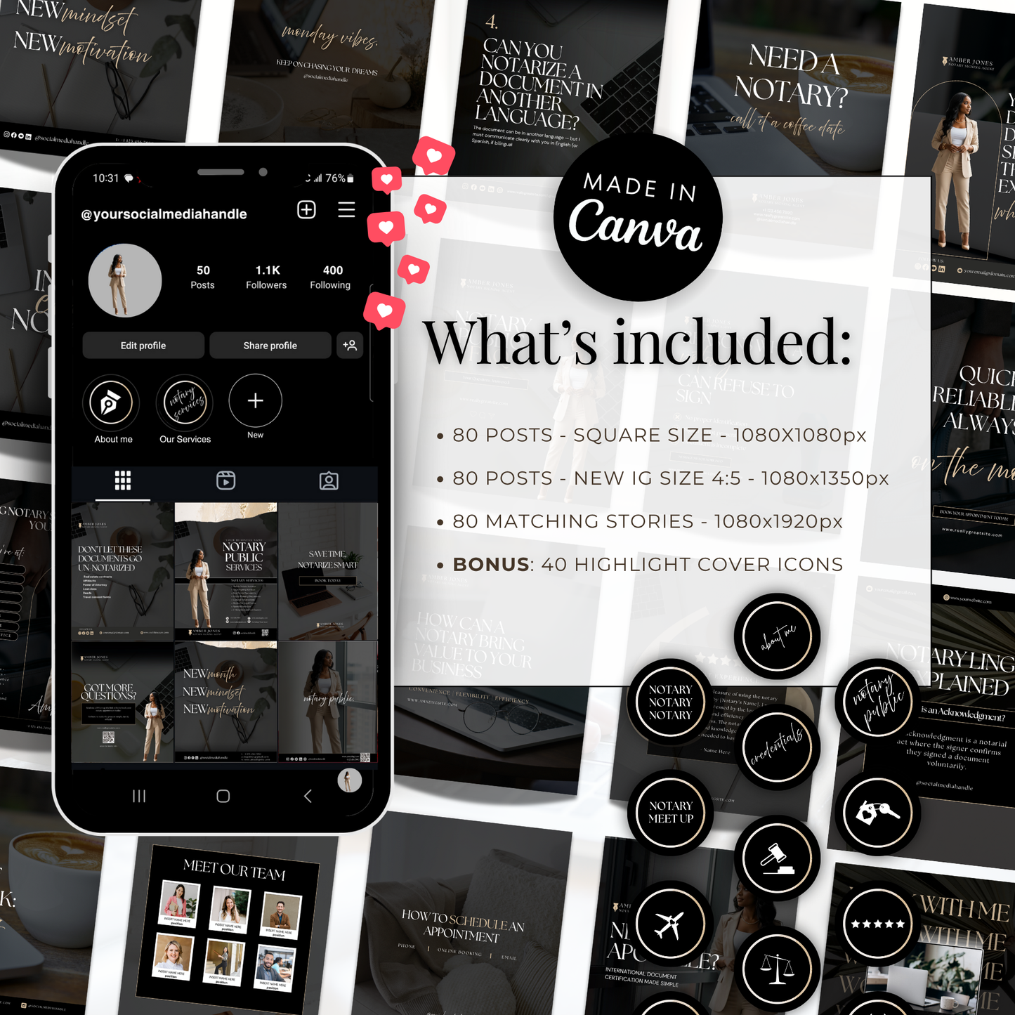 Notary Luxury Social Media Instagram Kit, New IG Size Posts, Stories & Highlight Icons - Black